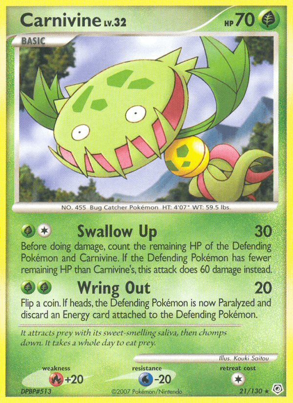 21, Diamond & Pearl: Base Set, Fire[+20], Grass, Normal, Rare, Reverse Holofoil, Water[-20] Carnivine (21/130) [Diamond & Pearl: Base Set] - Trading Card World