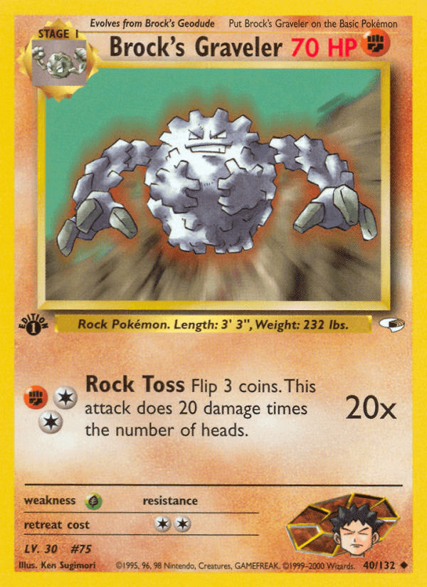 1st Edition Normal, 40, Fighting, Grass[×2], Gym Heroes 1st Edition, Uncommon Brock's Graveler (40/132) [Gym Heroes 1st Edition] - Trading Card World