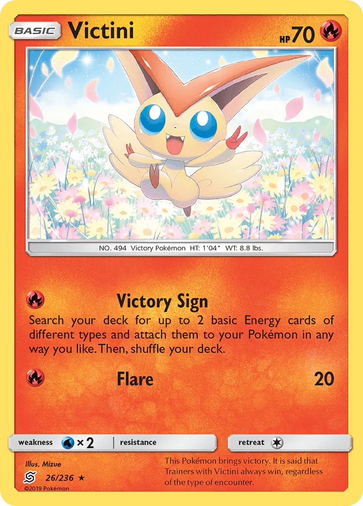 26, Fire, Holo Rare, Holofoil, Reverse Holofoil, Sun & Moon: Unified Minds, Water[×2] Victini (26/236) [Sun & Moon: Unified Minds] - Trading Card World