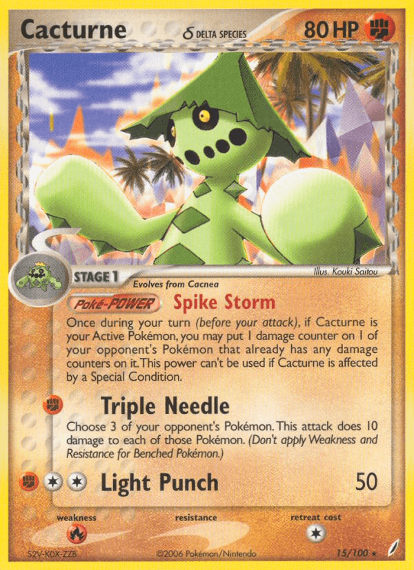 15, EX: Crystal Guardians, Fighting, Fire[×2], Normal, Rare Cacturne (15/100) (Delta Species) [EX: Crystal Guardians] - Trading Card World