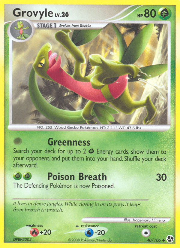 40, Diamond & Pearl: Great Encounters, Fire[+20], Grass, Normal, Reverse Holofoil, Uncommon, Water[-20] Grovyle (40/106) [Diamond & Pearl: Great Encounters] - Trading Card World
