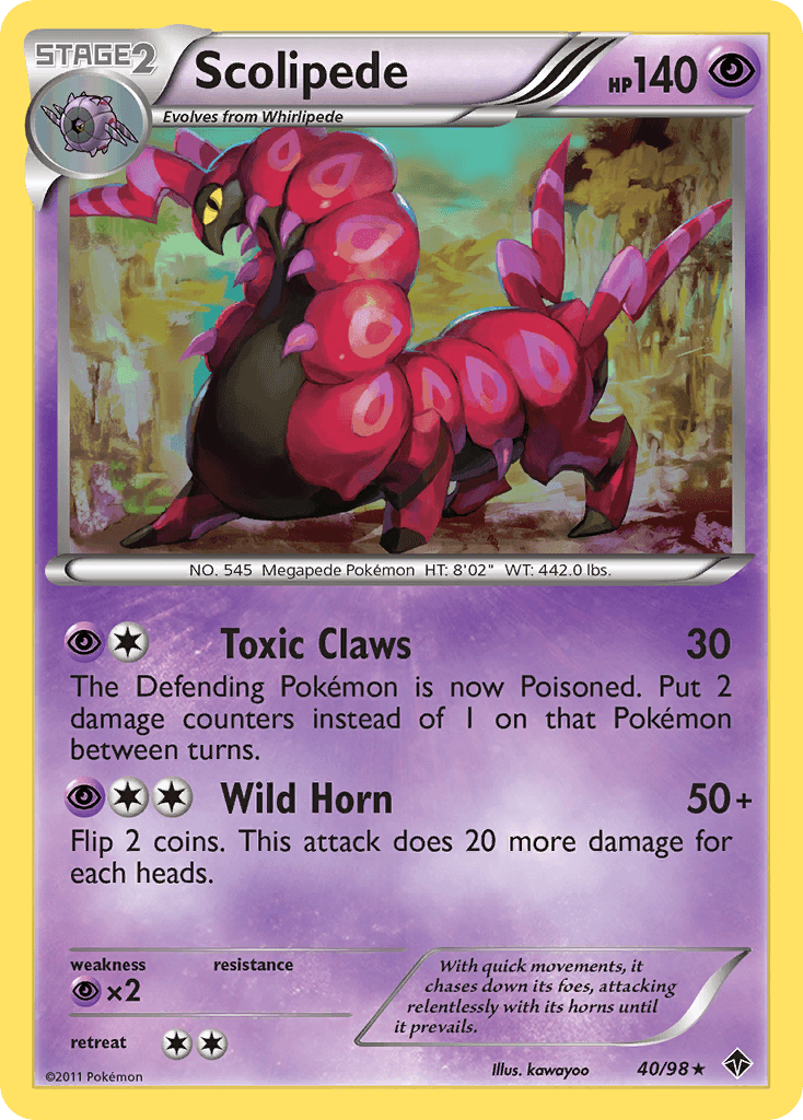 40, Black & White: Emerging Powers, Normal, Psychic, Psychic[×2], Rare, Reverse Holofoil Scolipede (40/98) [Black & White: Emerging Powers] - Trading Card World