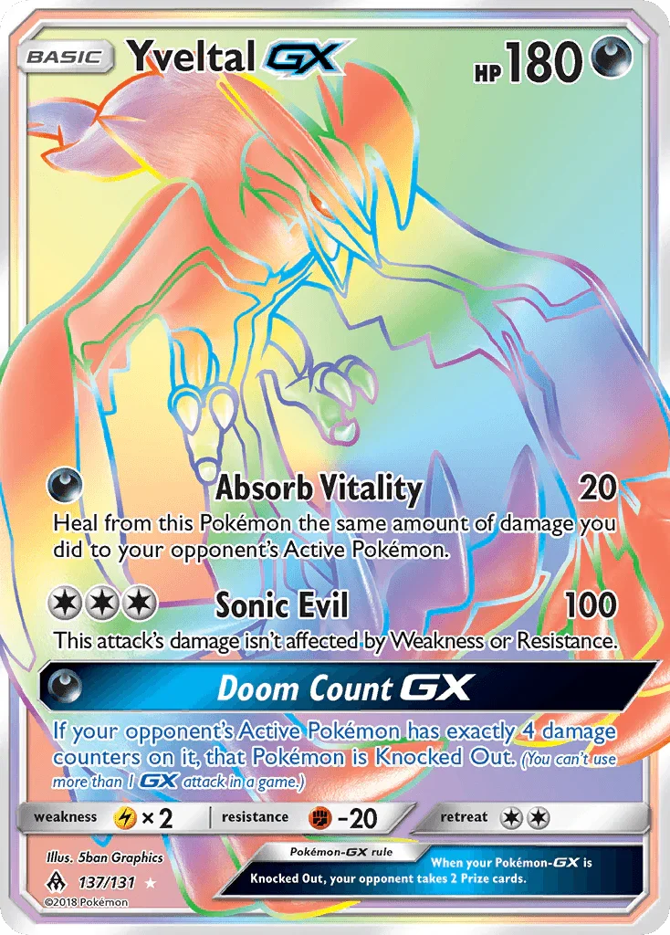 137, Darkness, Fighting[-20], Holofoil, Lightning[×2], Secret Rare, Sun & Moon: Forbidden Light Yveltal GX (137/131) [Sun & Moon: Forbidden Light] - Trading Card World