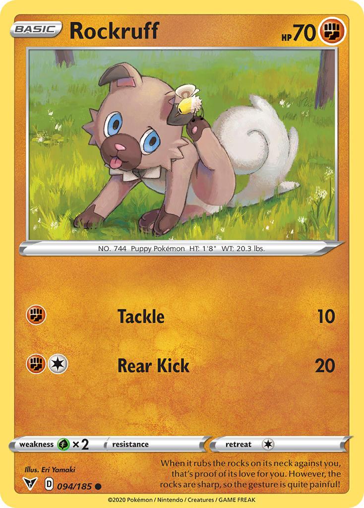 094, Common, Fighting, Grass[×2], Normal, Reverse Holofoil, Sword & Shield: Vivid Voltage Rockruff (094/185) [Sword & Shield: Vivid Voltage] - Trading Card World