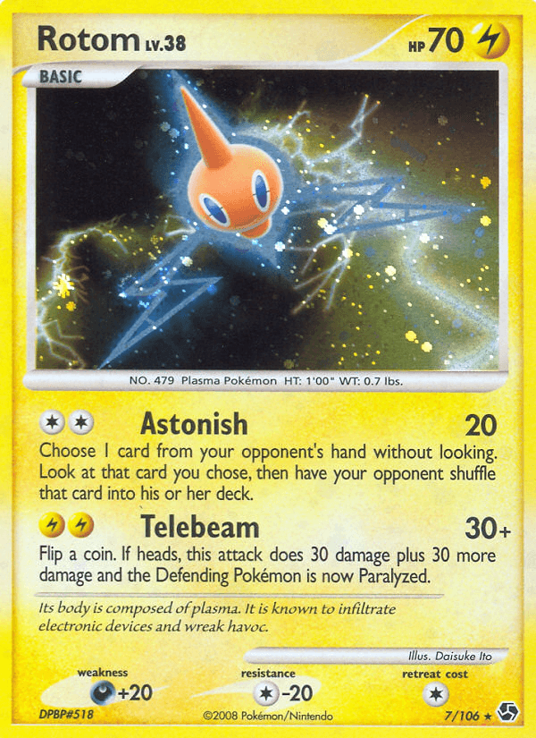 Colorless[-20], Darkness[+20], Diamond & Pearl: Great Encounters, Holo Rare, Holofoil, Lightning, Reverse Holofoil Rotom (7/106) [Diamond & Pearl: Great Encounters] - Trading Card World
