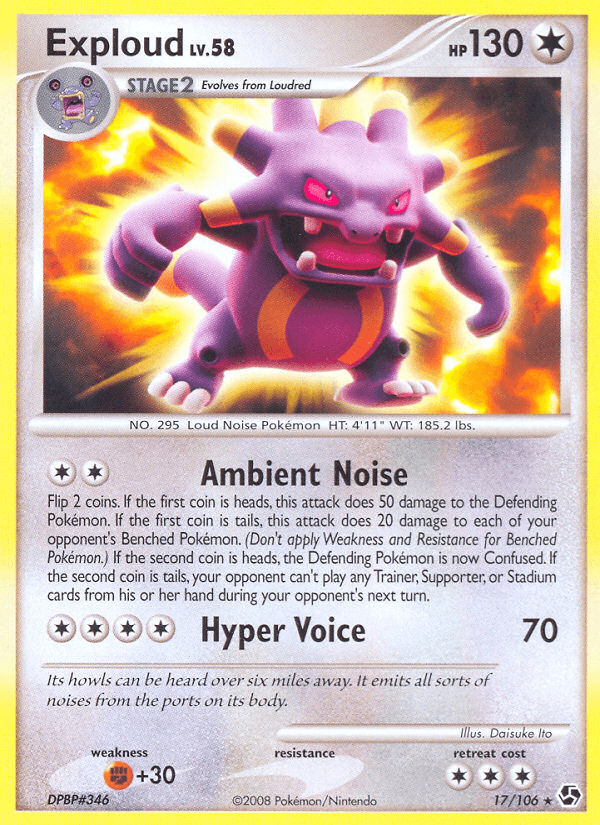 17, Colorless, Diamond & Pearl: Great Encounters, Fighting[+30], Normal, Rare, Reverse Holofoil Exploud (17/106) [Diamond & Pearl: Great Encounters] - Trading Card World