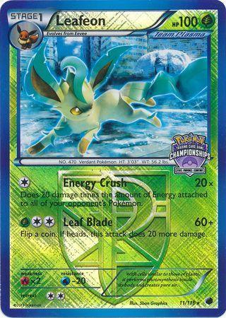 11, Black & White: Plasma Freeze, Fire[×2], Grass, Promo, Reverse Holofoil, Water[-20] Leafeon (11/116) (States Championship Promo) [Black & White: Plasma Freeze] - Trading Card World