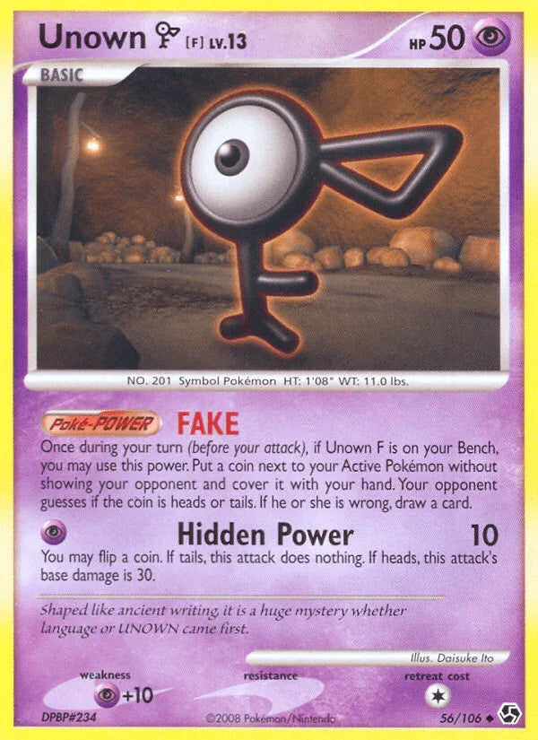 56, Diamond & Pearl: Great Encounters, Normal, Psychic, Psychic[+10], Reverse Holofoil, Uncommon Unown F (56/106) [Diamond & Pearl: Great Encounters] - Trading Card World