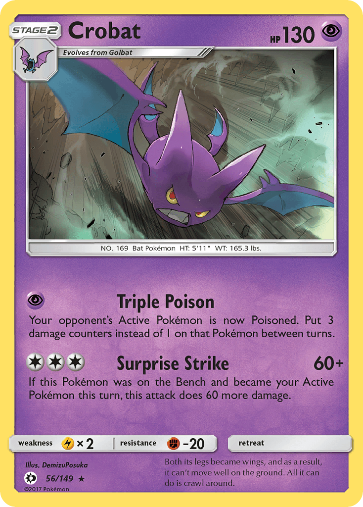 56, Fighting[-20], Holo Rare, Holofoil, Lightning[×2], Psychic, Reverse Holofoil, Sun & Moon: Base Set Crobat (56/149) [Sun & Moon: Base Set] - Trading Card World