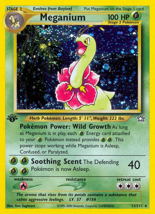 11, 1st Edition Holofoil, Fire[×2], Grass, Holo Rare, Neo Genesis 1st Edition Meganium (11/111) [Neo Genesis 1st Edition] - Trading Card World