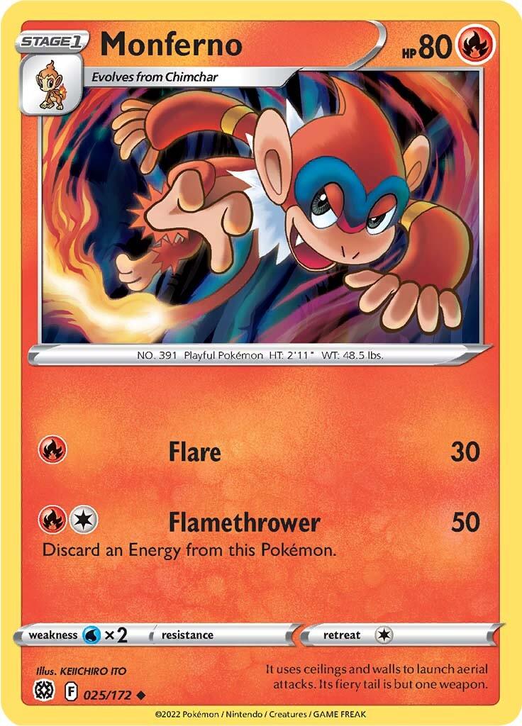 025, Fire, Normal, Reverse Holofoil, Sword & Shield: Brilliant Stars, Uncommon, Water [x2] Monferno (025/172) [Sword & Shield: Brilliant Stars] - Trading Card World