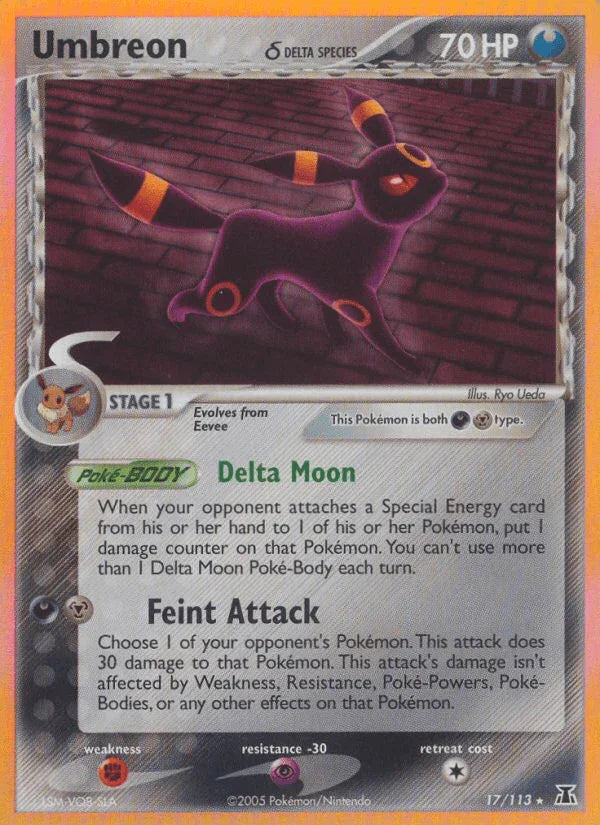17, Darkness, EX: Delta Species, Fighting[×2], Holo Rare, Holofoil, Metal, Psychic[-30] Umbreon (17/113) (Delta Species) [EX: Delta Species] - Trading Card World
