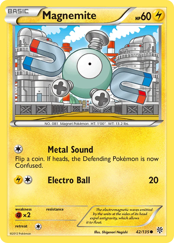 42, Black & White: Plasma Storm, Common, Fighting[×2], Lightning, Normal, Reverse Holofoil Magnemite (42/135) [Black & White: Plasma Storm] - Trading Card World