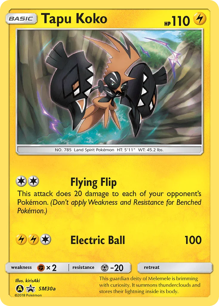 Fighting[×2], Holofoil, Lightning, Metal[-20], Promo, SM30a, Sun & Moon: Black Star Promos Tapu Koko (SM30a) [Sun & Moon: Black Star Promos] - Trading Card World