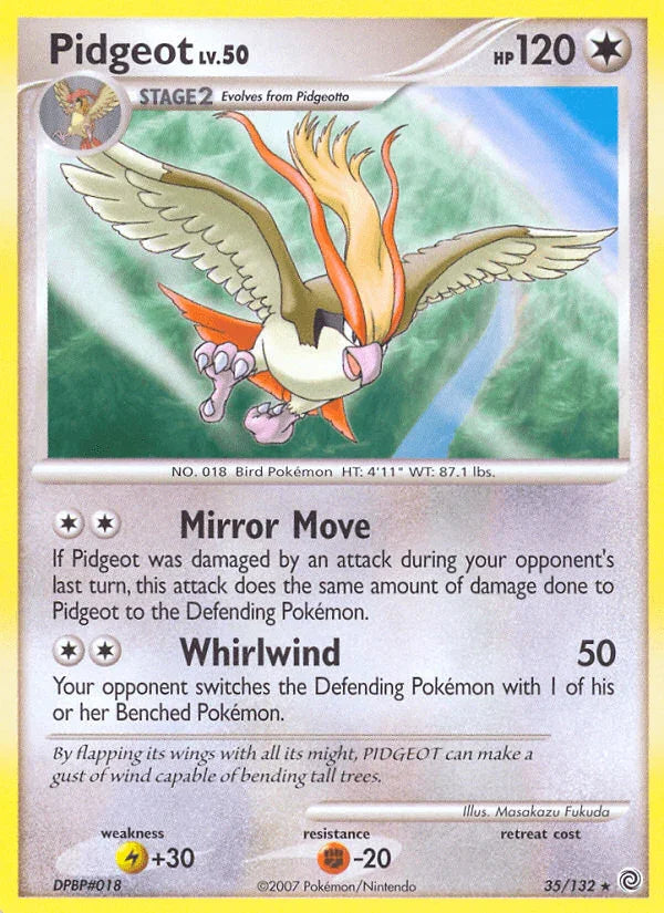 35, Colorless, Diamond & Pearl: Secret Wonders, Fighting[-20], Lightning[+30], Normal, Rare, Reverse Holofoil Pidgeot (35/132) [Diamond & Pearl: Secret Wonders] - Trading Card World