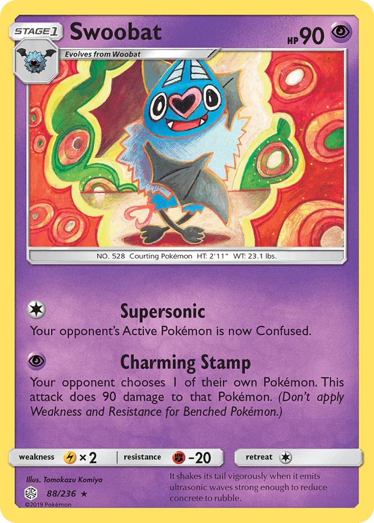 88, Fighting[-20], Lightning[×2], Normal, Psychic, Rare, Reverse Holofoil, Sun & Moon: Cosmic Eclipse Swoobat (88/236) [Sun & Moon: Cosmic Eclipse] - Trading Card World