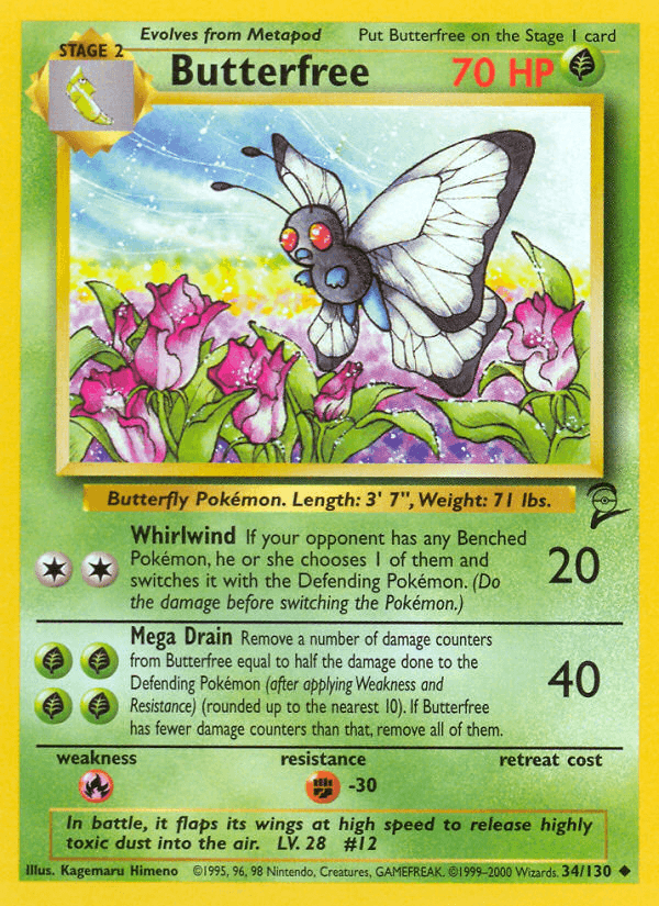 34, Base Set 2, Fighting[-30], Fire[×2], Grass, Normal, Uncommon Butterfree (34/130) [Base Set 2] - Trading Card World