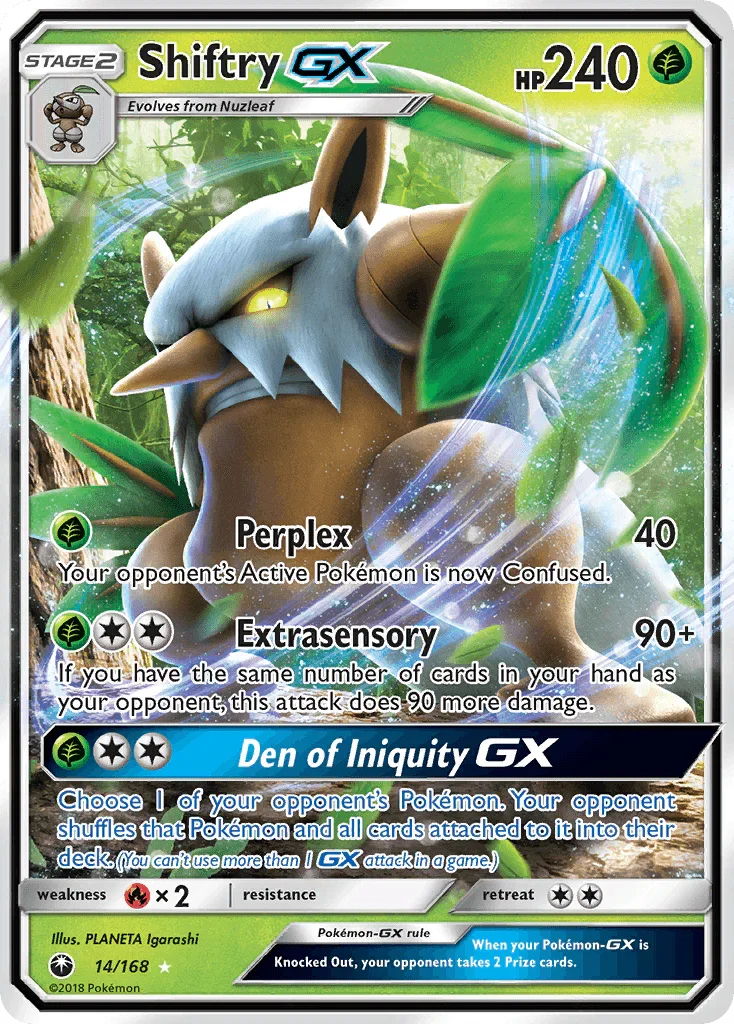 14, Fire[×2], Grass, Holofoil, Sun & Moon: Celestial Storm, Ultra Rare Shiftry GX (14/168) [Sun & Moon: Celestial Storm] - Trading Card World