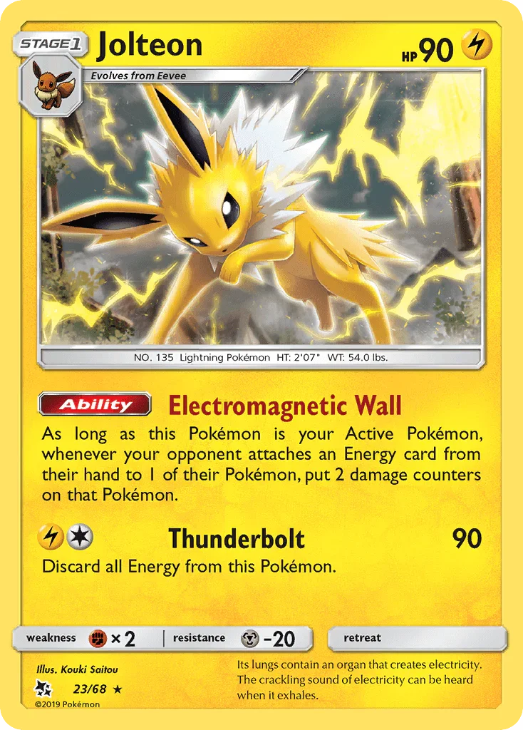 23, Fighting[×2], Lightning, Metal[-20], Normal, Rare, Reverse Holofoil, Sun & Moon: Hidden Fates Jolteon (23/68) [Sun & Moon: Hidden Fates] - Trading Card World