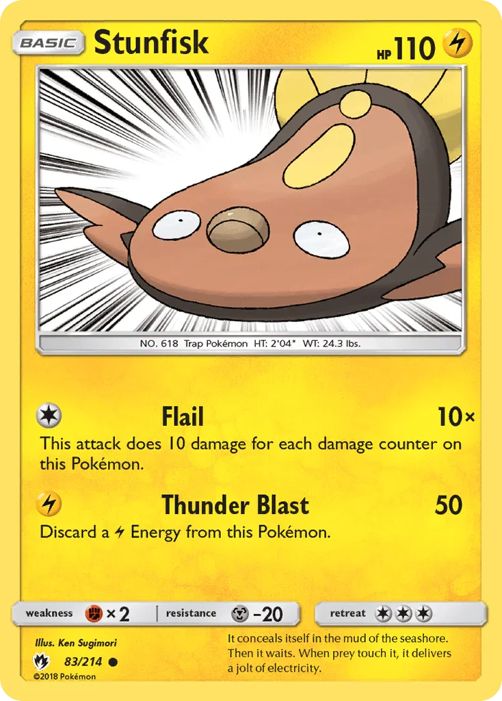 83, Common, Fighting[×2], Lightning, Metal[-20], Normal, Reverse Holofoil, Sun & Moon: Lost Thunder Stunfisk (83/214) [Sun & Moon: Lost Thunder] - Trading Card World