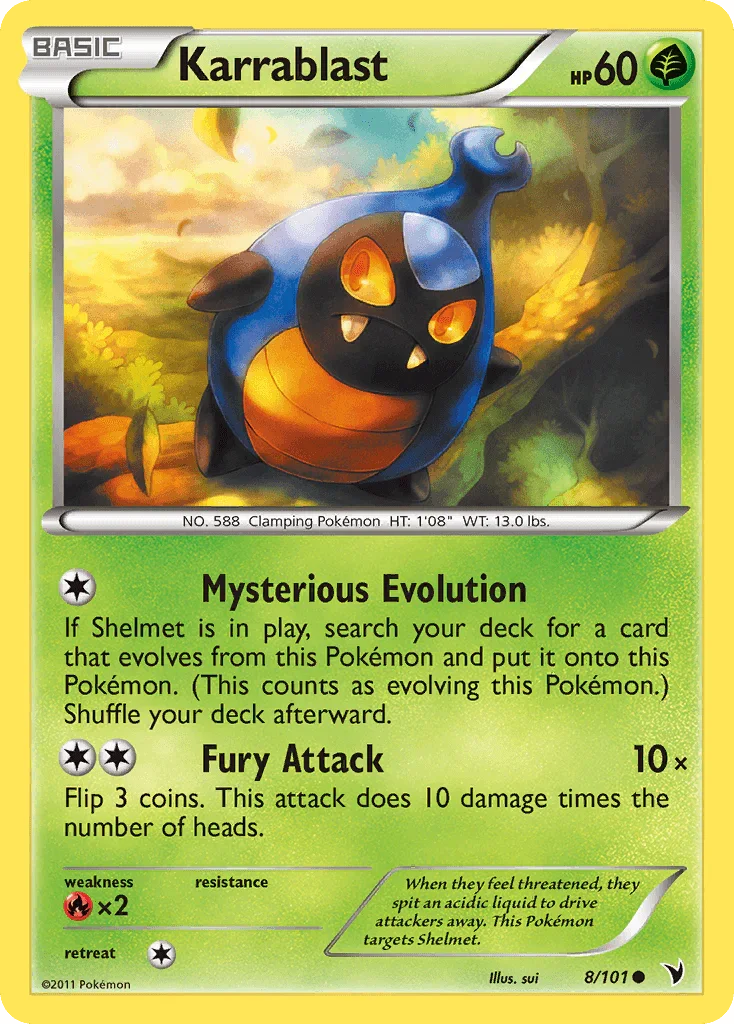 Black & White: Noble Victories, Common, Fire[×2], Grass, Normal, Reverse Holofoil Karrablast (8/101) [Black & White: Noble Victories] - Trading Card World