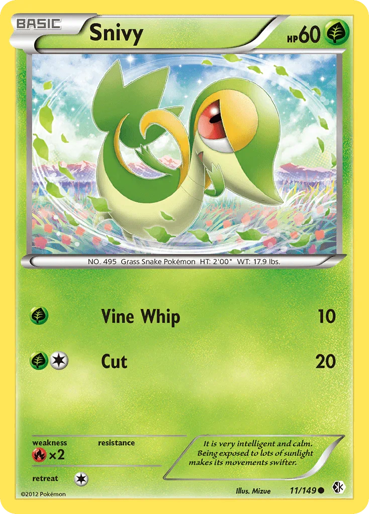 11, Black & White: Boundaries Crossed, Common, Fire[×2], Grass, Normal, Reverse Holofoil Snivy (11/149) [Black & White: Boundaries Crossed] - Trading Card World