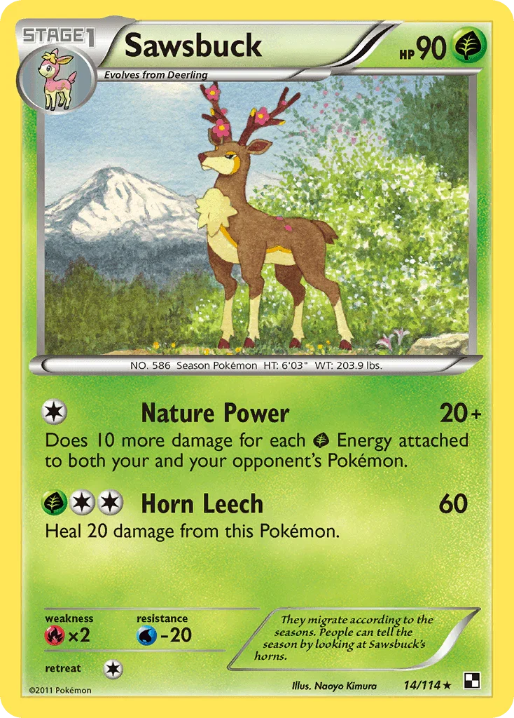 14, Black & White: Base Set, Fire[×2], Grass, Normal, Rare, Reverse Holofoil, Water[-20] Sawsbuck (14/114) [Black & White: Base Set] - Trading Card World