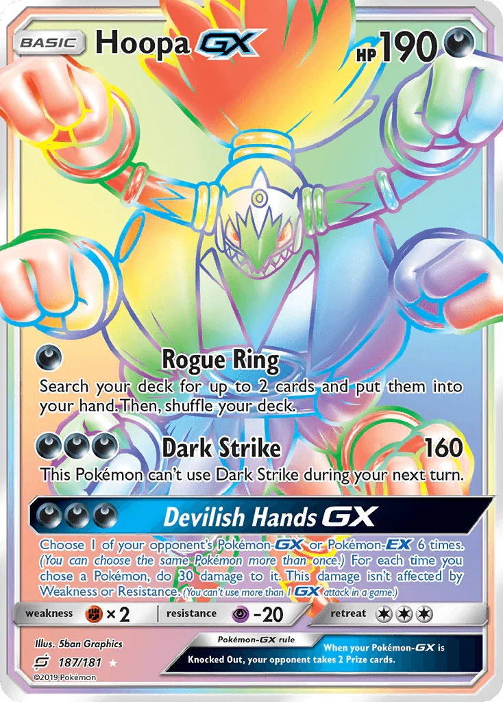 187, Darkness, Fighting[×2], Holofoil, Psychic[-20], Secret Rare, Sun & Moon: Team Up Hoopa GX (187/181) [Sun & Moon: Team Up] - Trading Card World