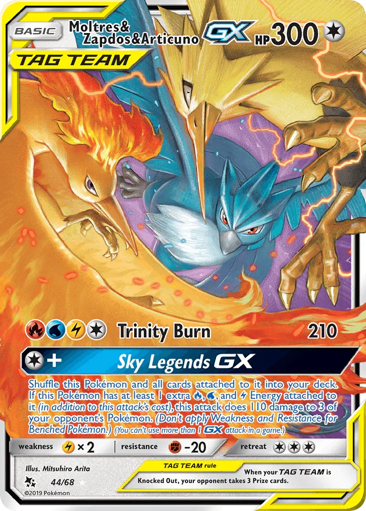 44, Colorless, Fighting[-20], Holofoil, Lightning[×2], Sun & Moon: Hidden Fates, Ultra Rare Moltres & Zapdos & Articuno GX (44/68) [Sun & Moon: Hidden Fates] - Trading Card World