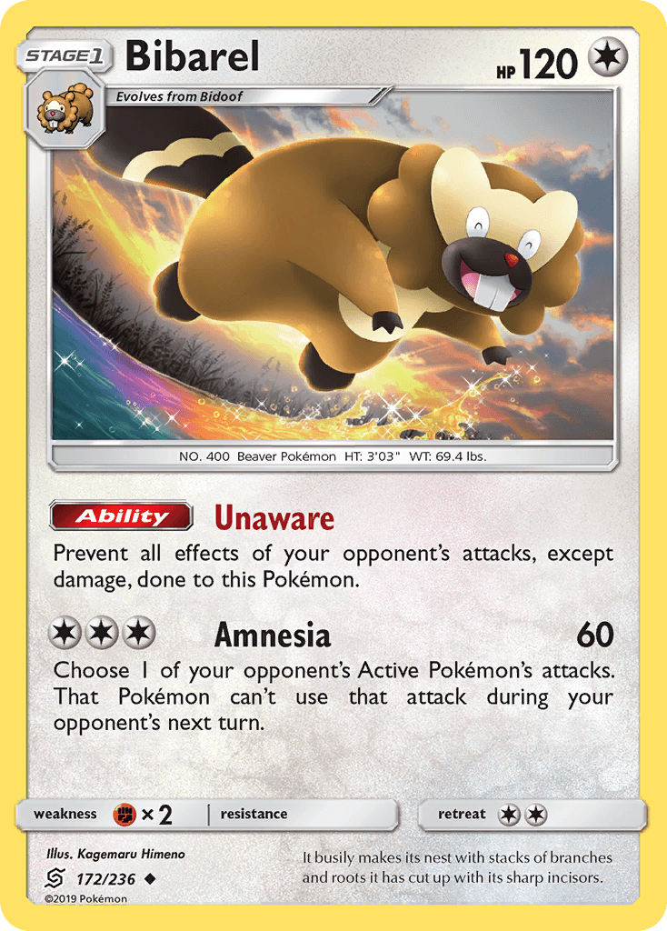 172, Colorless, Fighting[×2], Normal, Reverse Holofoil, Sun & Moon: Unified Minds, Uncommon Bibarel (172/236) [Sun & Moon: Unified Minds] - Trading Card World