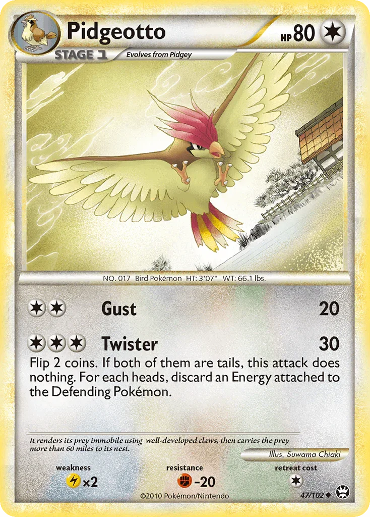 47, Colorless, Fighting[-20], HeartGold & SoulSilver: Triumphant, Lightning[×2], Normal, Reverse Holofoil, Uncommon Pidgeotto (47/102) [HeartGold & SoulSilver: Triumphant] - Trading Card World