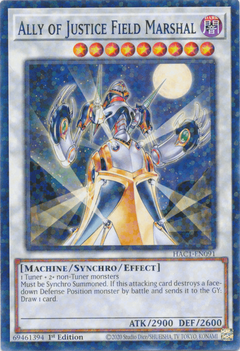 1st Edition, Common, Dark, Hidden Arsenal: Chapter 1, Machine, Synchro/Effect Monster Ally of Justice Field Marshal (Duel Terminal) [HAC1-EN091] Common - Trading Card World