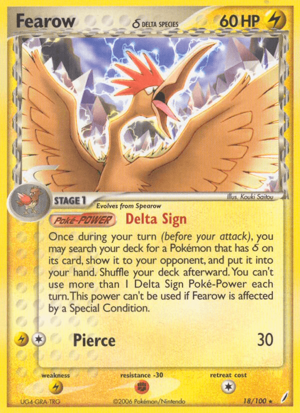 18, EX: Crystal Guardians, Fighting[-30], Lightning, Lightning[×2], Normal, Rare Fearow (18/100) (Delta Species) [EX: Crystal Guardians] - Trading Card World