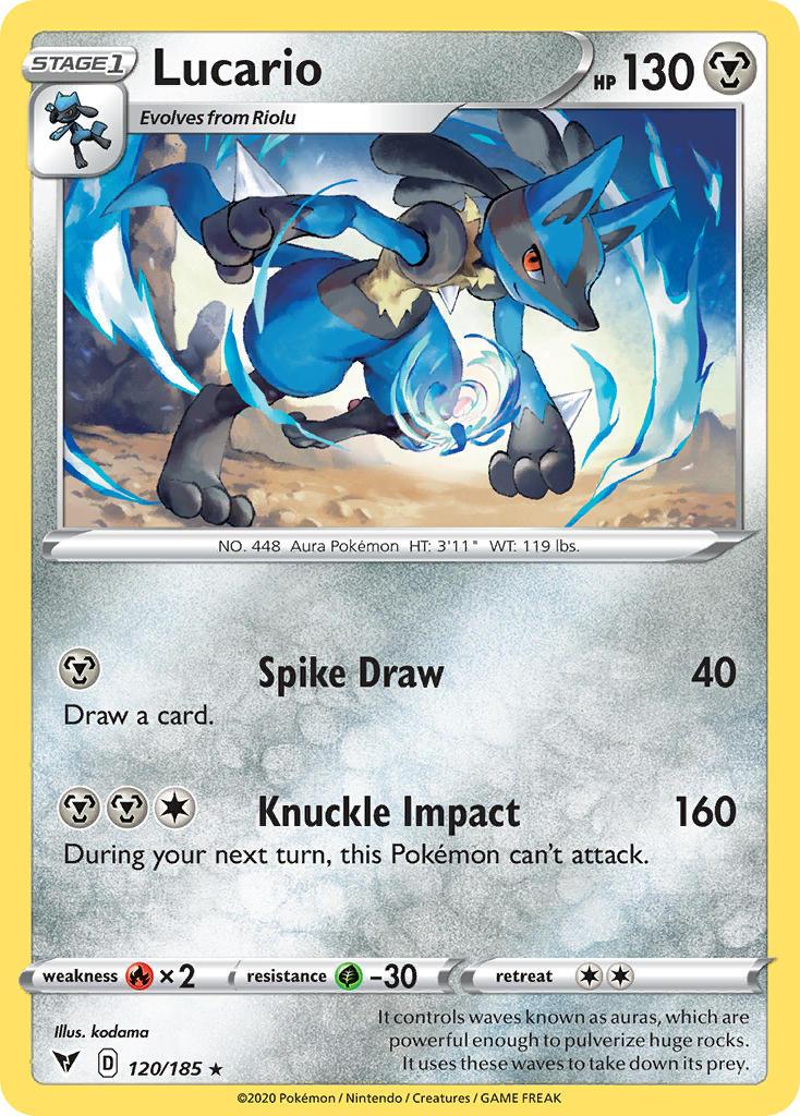 120, Fire[×2], Grass[-30], Metal, Normal, Rare, Reverse Holofoil, Sword & Shield: Vivid Voltage Lucario (120/185) [Sword & Shield: Vivid Voltage] - Trading Card World