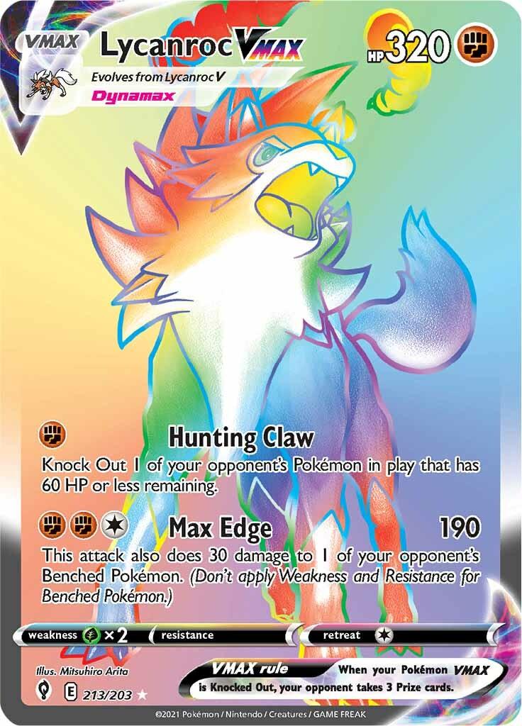 213, Fighting, Grass [x2], Holofoil, Secret Rare, Sword & Shield: Evolving Skies Lycanroc VMAX (213/203) [Sword & Shield: Evolving Skies] - Trading Card World