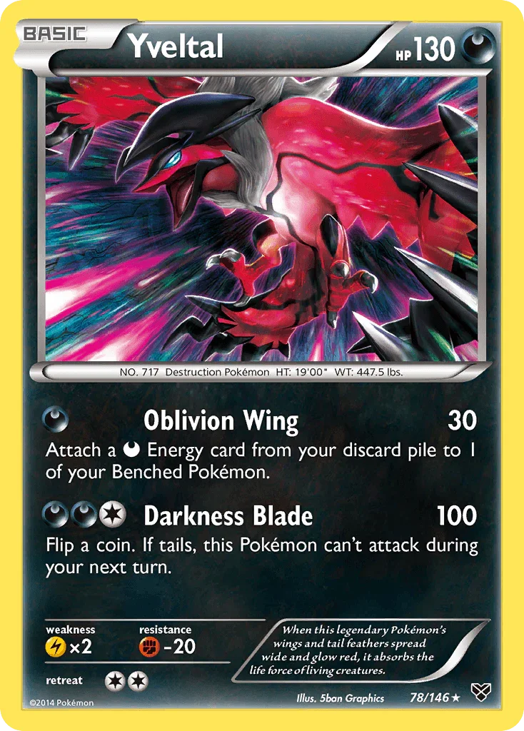 78, Darkness, Fighting[-20], Lightning[×2], Normal, Rare, Reverse Holofoil, XY: Base Set Yveltal (78/146) [XY: Base Set] - Trading Card World