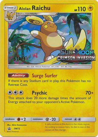 Fighting[×2], Holofoil, Lightning, Metal[-20], Promo, SM72, Sun & Moon: Black Star Promos Alolan Raichu (SM72) (Staff Prerelease Promo) [Sun & Moon: Black Star Promos] - Trading Card World