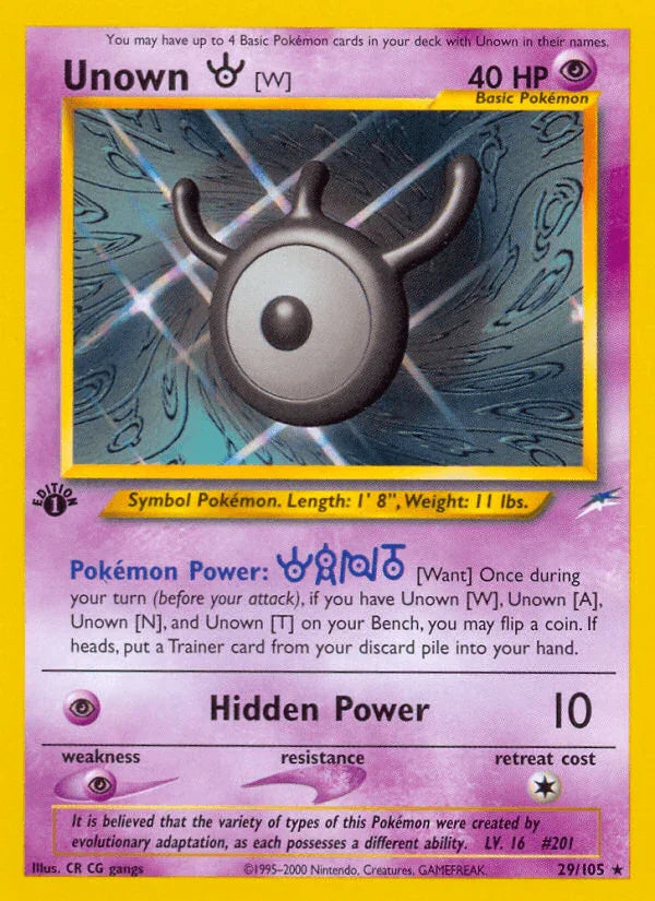 1st Edition Normal, 29, Neo Destiny 1st Edition, Psychic, Psychic[×2], Rare Unown [W] (29/105) [Neo Destiny 1st Edition] - Trading Card World