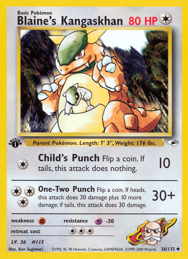 1st Edition Normal, 36, Colorless, Fighting[×2], Gym Heroes 1st Edition, Psychic[-30], Uncommon Blaine's Kangaskhan (36/132) [Gym Heroes 1st Edition] - Trading Card World