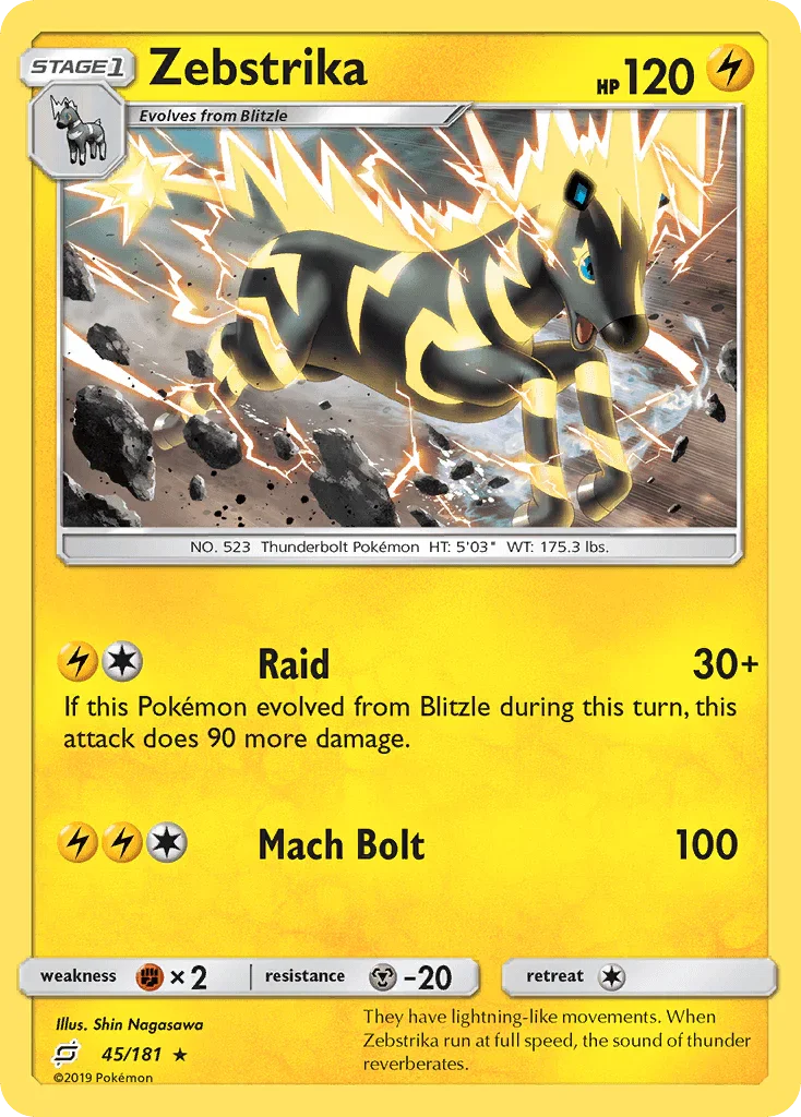 45, Fighting[×2], Lightning, Metal[-20], Normal, Rare, Reverse Holofoil, Sun & Moon: Team Up Zebstrika (45/181) [Sun & Moon: Team Up] - Trading Card World