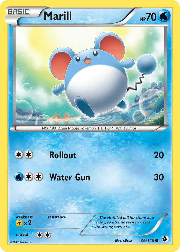 36, Black & White: Boundaries Crossed, Common, Lightning[×2], Normal, Reverse Holofoil, Water Marill (36/149) [Black & White: Boundaries Crossed] - Trading Card World