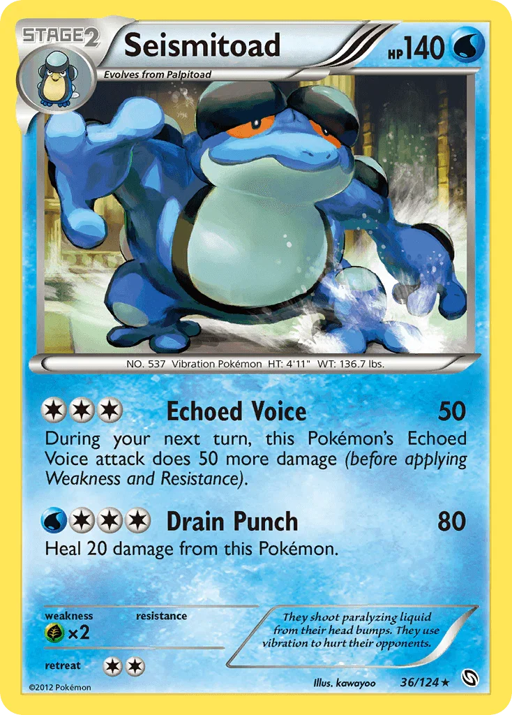 36, Black & White: Dragons Exalted, Grass[×2], Normal, Rare, Reverse Holofoil, Water Seismitoad (36/124) [Black & White: Dragons Exalted] - Trading Card World