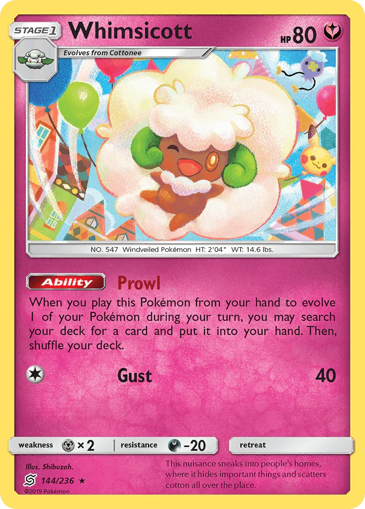144, Darkness[-20], Fairy, Metal[×2], Normal, Rare, Reverse Holofoil, Sun & Moon: Unified Minds Whimsicott (144/236) [Sun & Moon: Unified Minds] - Trading Card World