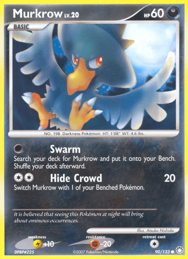 90, Common, Darkness, Diamond & Pearl: Mysterious Treasures, Fighting[-20], Lightning[+10], Normal, Reverse Holofoil Murkrow (90/123) [Diamond & Pearl: Mysterious Treasures] - Trading Card World