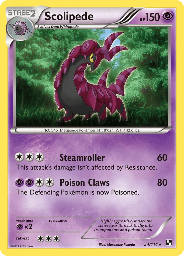 54, Black & White: Base Set, Normal, Psychic, Psychic[×2], Rare, Reverse Holofoil Scolipede (54/114) [Black & White: Base Set] - Trading Card World