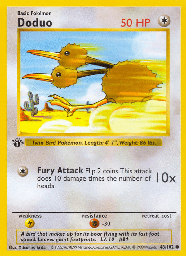 1st Edition Normal, 48, Base Set 1st Edition, Colorless, Common, Fighting[-30], Lightning[×2] Doduo (48/102) (Shadowless) [Base Set 1st Edition] - Trading Card World