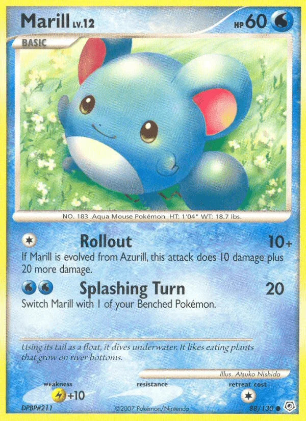 88, Common, Diamond & Pearl: Base Set, Lightning[+10], Normal, Reverse Holofoil, Water Marill (88/130) [Diamond & Pearl: Base Set] - Trading Card World