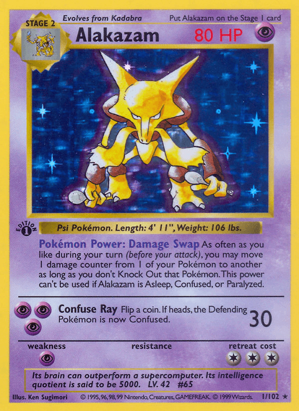 1st Edition Holofoil, Base Set 1st Edition, Holo Rare, Psychic, Psychic[×2] Alakazam (1/102) (Shadowless) [Base Set 1st Edition] - Trading Card World