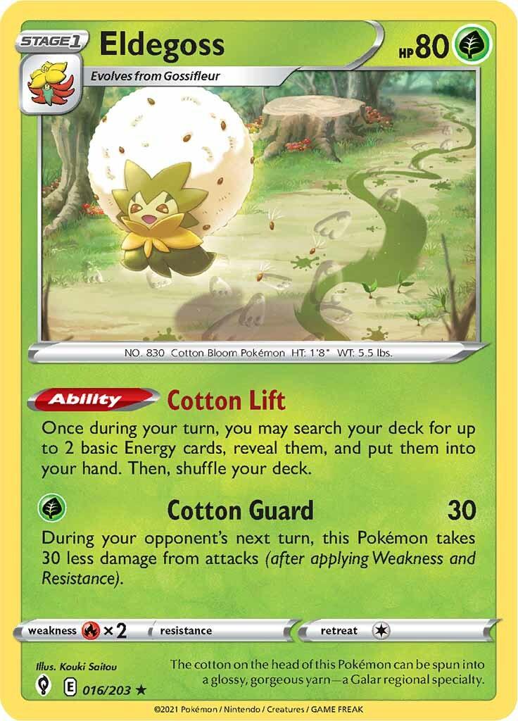 016, Fire [x2], Grass, Normal, Rare, Sword & Shield: Evolving Skies Eldegoss (016/203) (Theme Deck Exclusive) [Sword & Shield: Evolving Skies] - Trading Card World