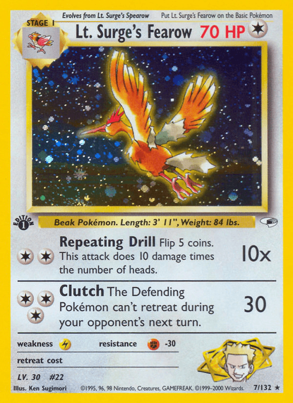 1st Edition Holofoil, Colorless, Fighting[-30], Gym Heroes 1st Edition, Holo Rare, Lightning[×2] Lt. Surge's Fearow (7/132) [Gym Heroes 1st Edition] - Trading Card World
